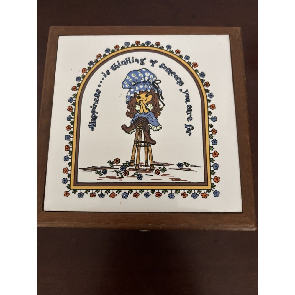 1970's MsPetticoat Kids wood & tile Jewelry box Happiness someone you care for
